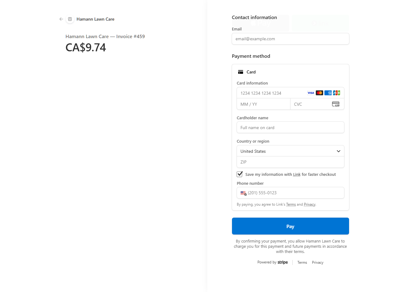 Stripe payment page for Hamann Lawn Care Invoice #459 charging CA$9.74, with card fields and a Pay button